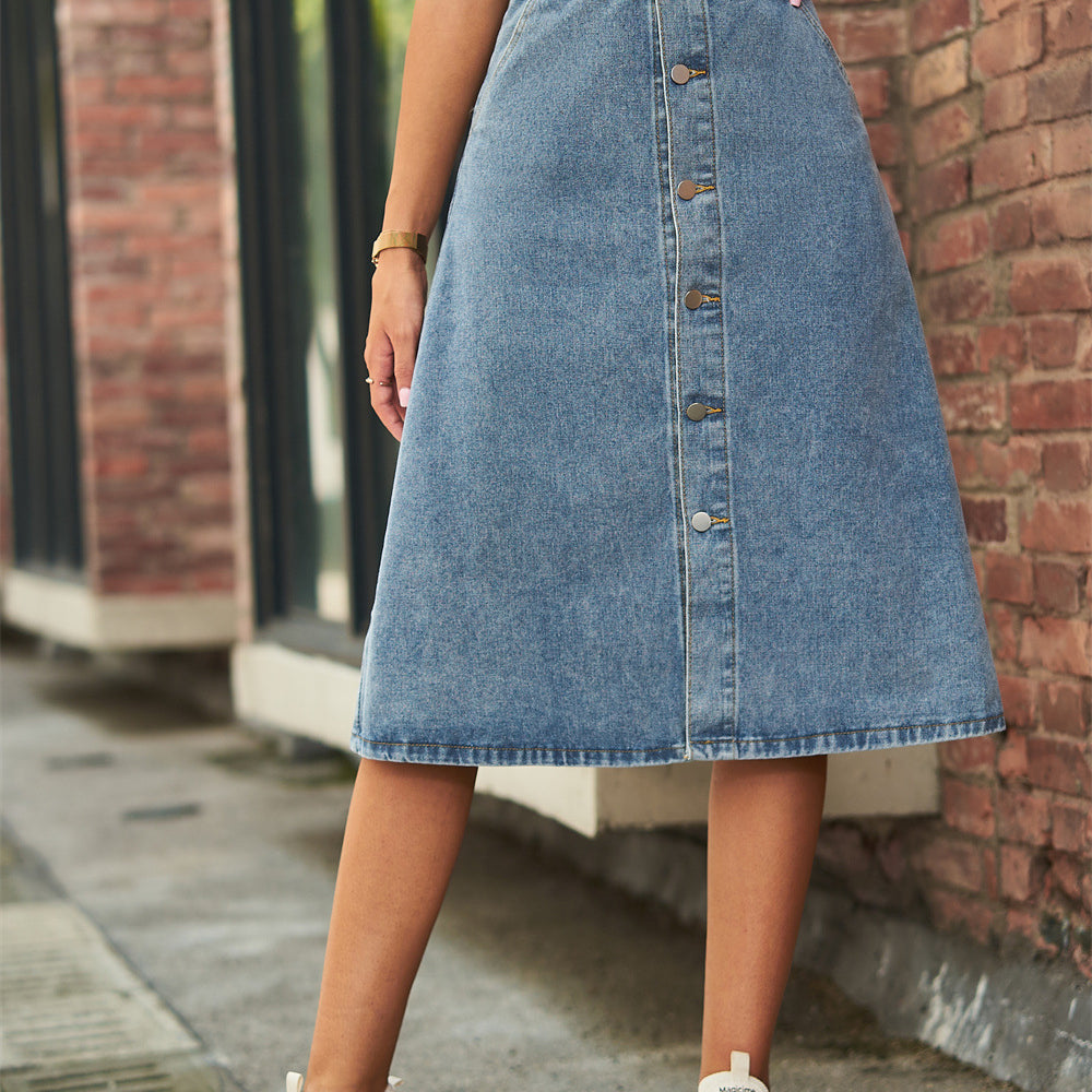 Button Front Denim A-Line Skirt – Classic Style