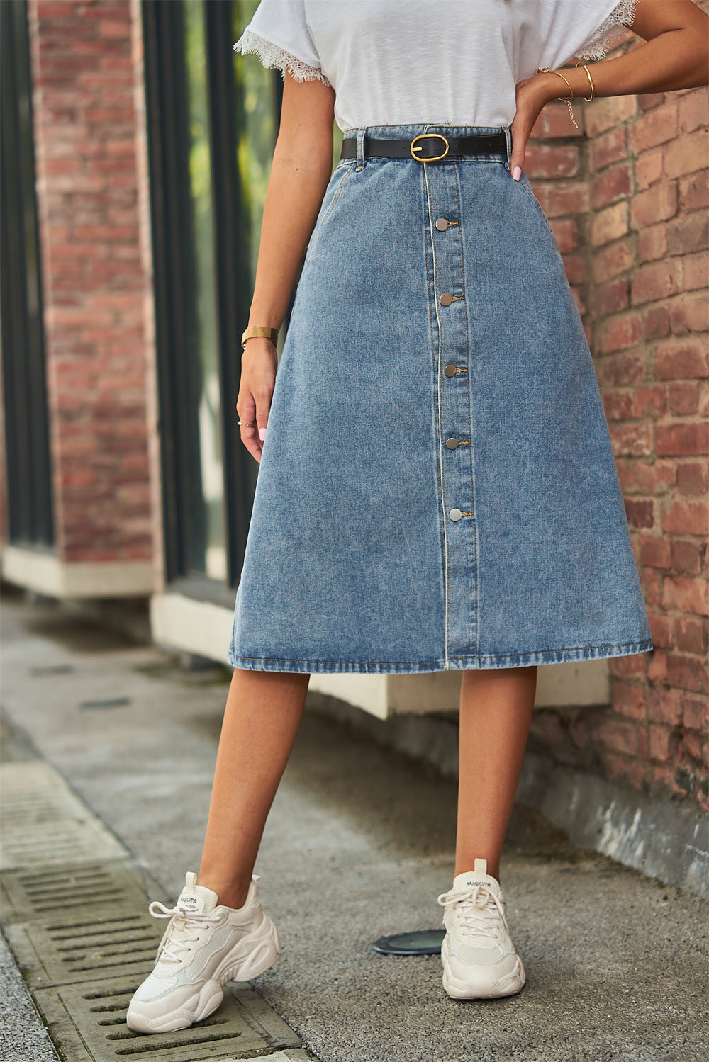 Button Front Denim A-Line Skirt – Classic Style