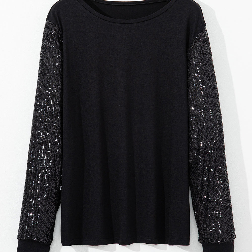 
                      
                        Black Sequin Contrast Long Sleeve Plus Size Top
                      
                    