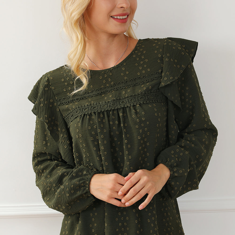 
                      
                        Black Lace Eyelet Ruffle Shoulder Long Sleeve Blouse
                      
                    