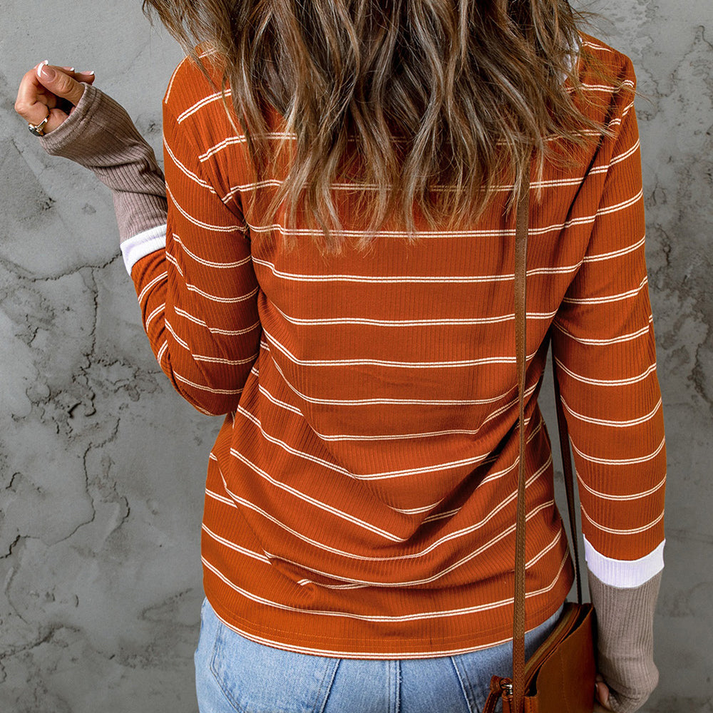 Brown Color Block Striped Pullover