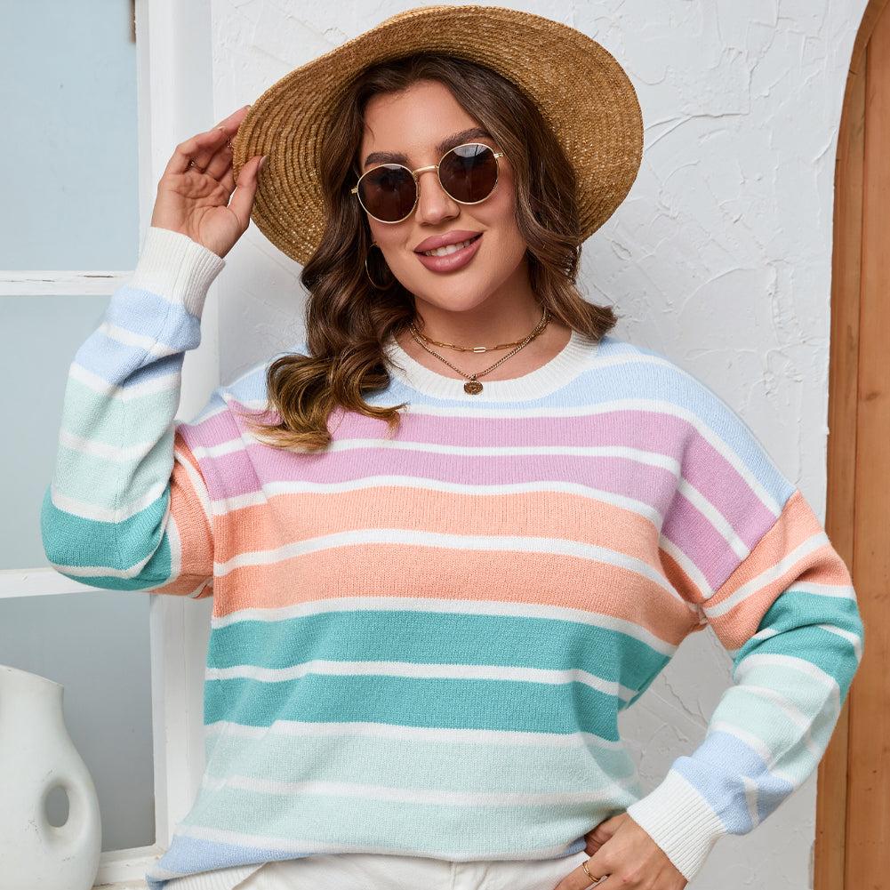 Striped Plus Size Sweater in Multicolor Crewneck