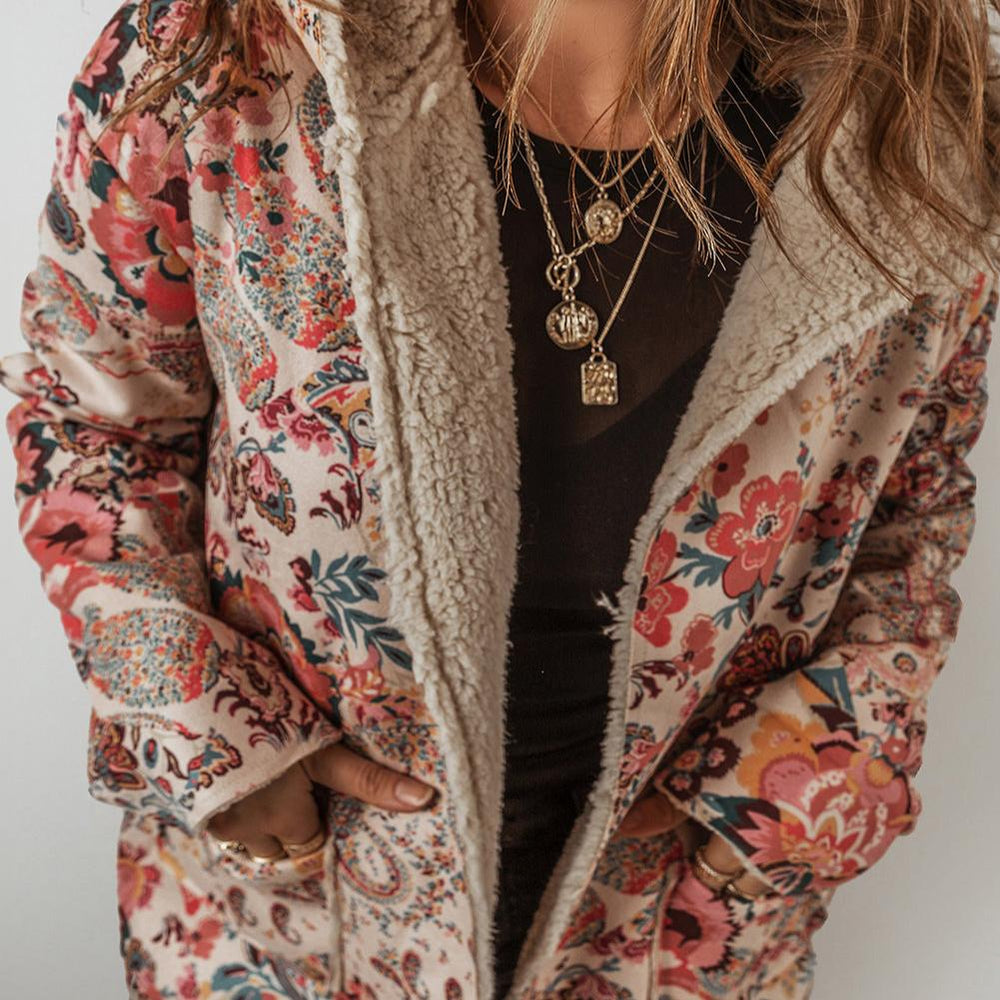 Beige Paisley Floral Sherpa Hooded Jacket