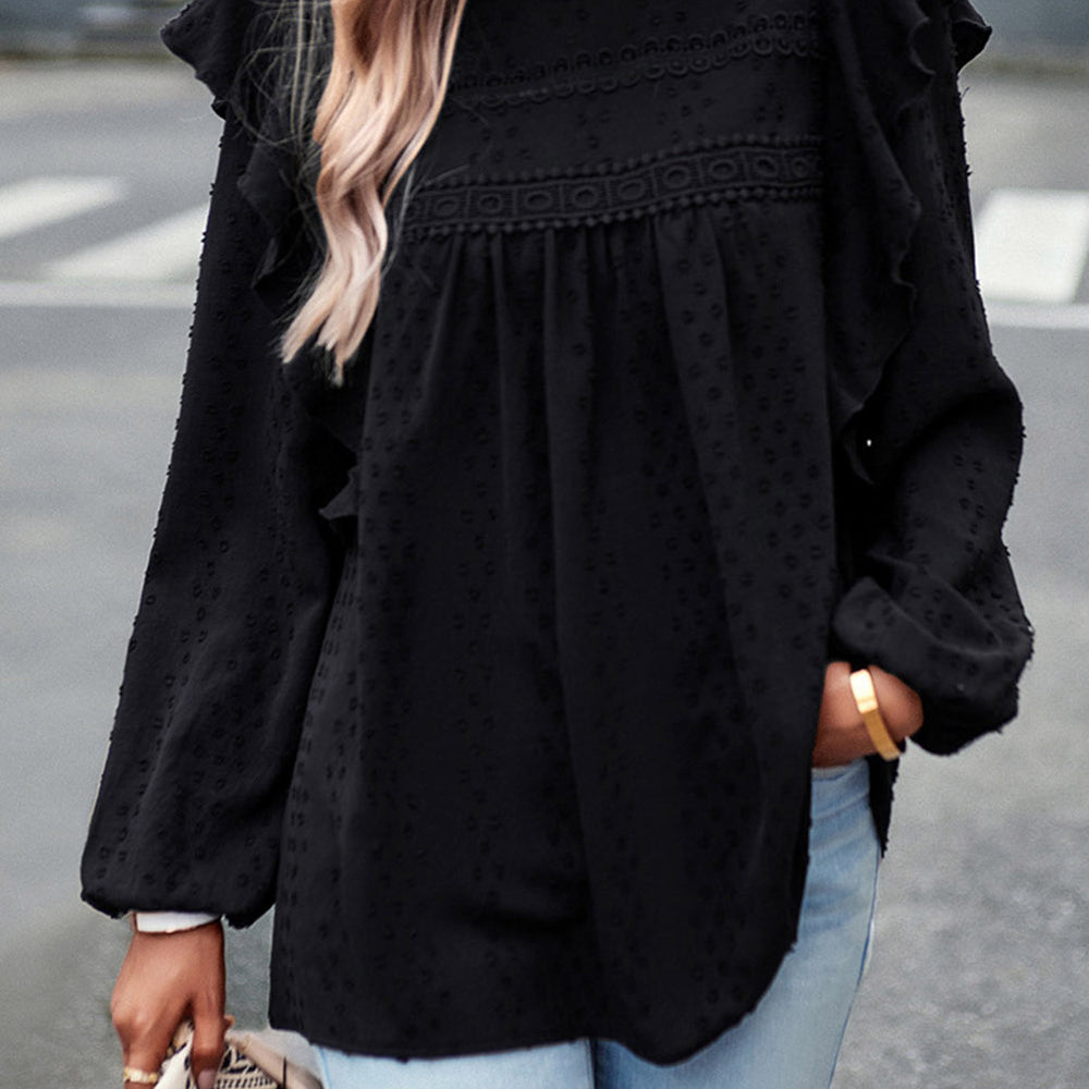 
                      
                        Black Lace Eyelet Ruffle Shoulder Long Sleeve Blouse
                      
                    