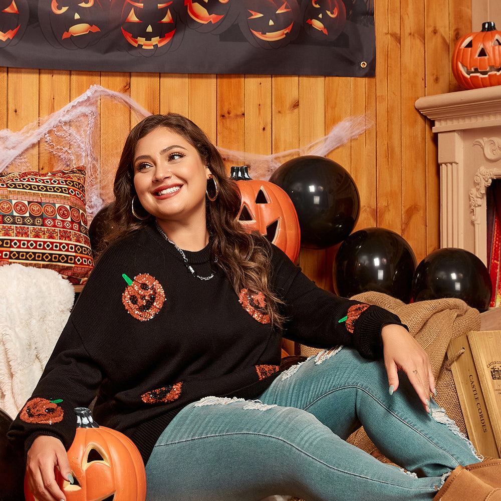 
                      
                        Black Plus Size Halloween Sequined Pumpkin Pattern Sweater
                      
                    