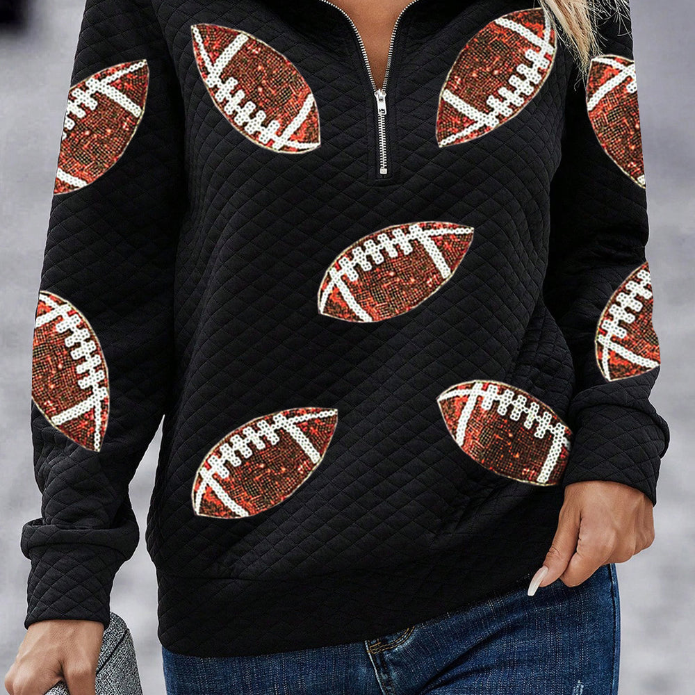 
                      
                        Black Sequin Rugby Football Patched Quarter Zip Textured Sweatshirt
                      
                    