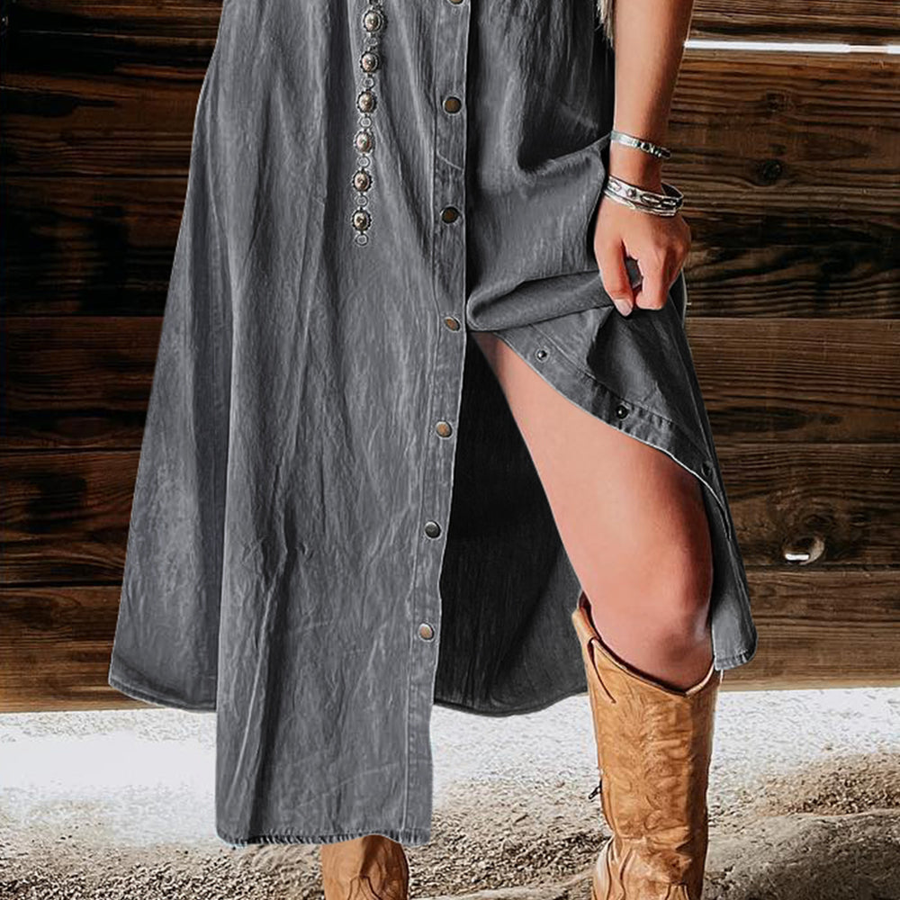 Dark Grey Fully Buttoned Long Denim Skirt - Trendy