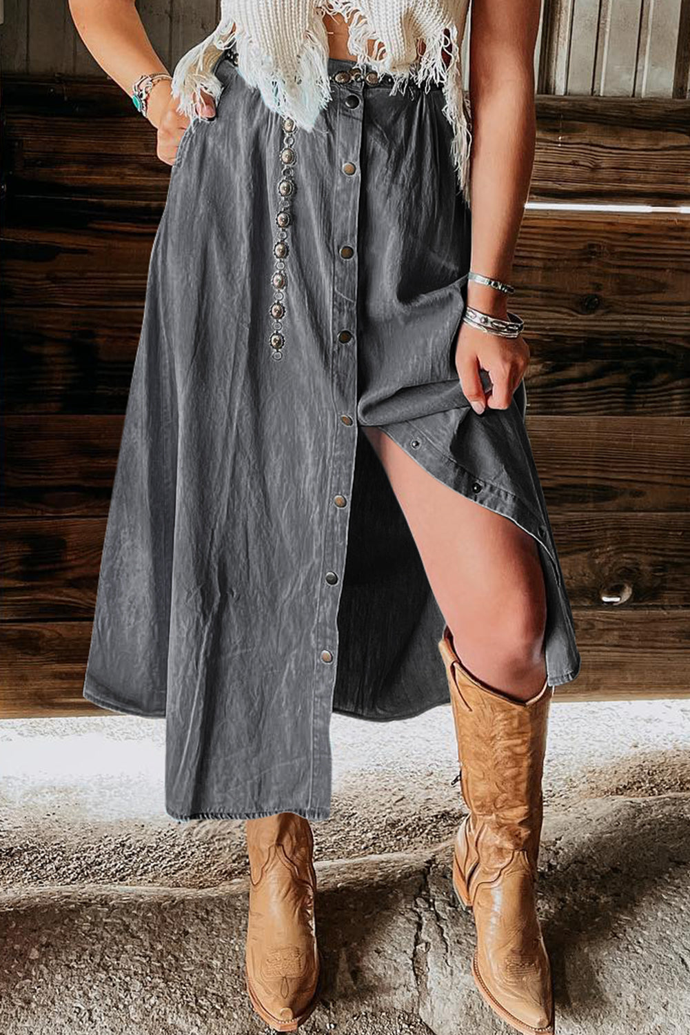 Dark Grey Fully Buttoned Long Denim Skirt - Trendy