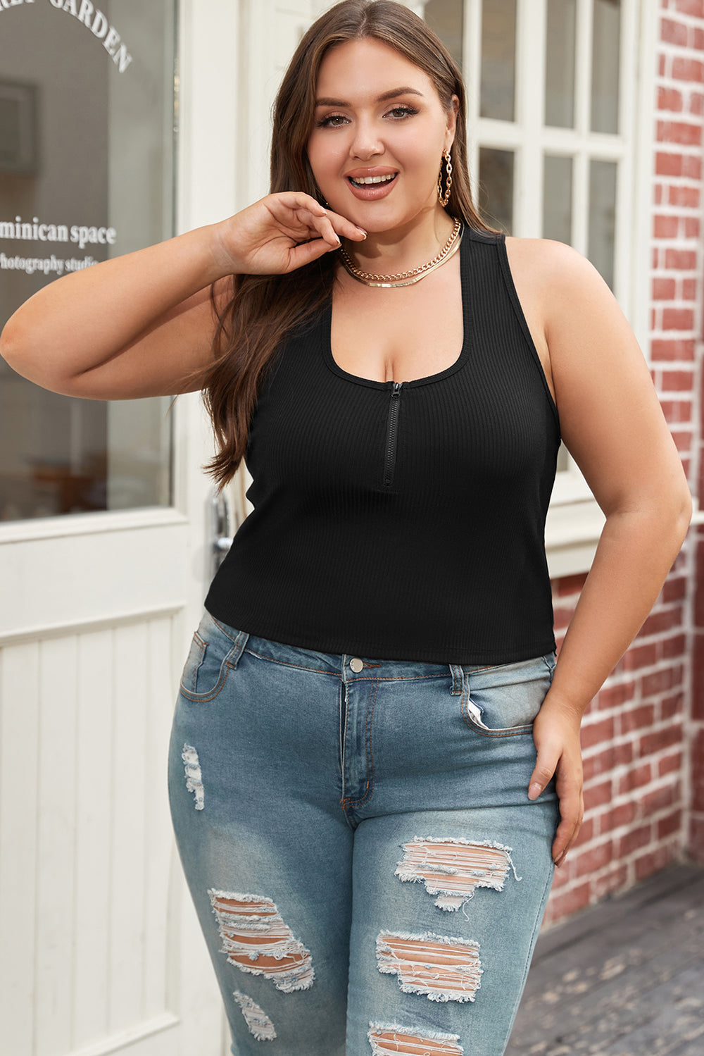 Black Plus Size Zipper Front Racerback Tank Top