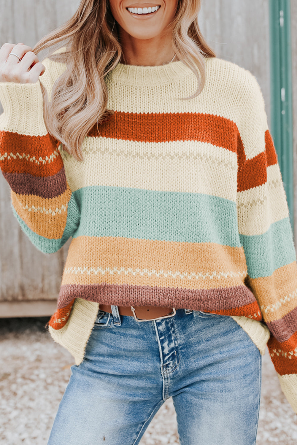 Striped Color Block Crew Neck Sweater