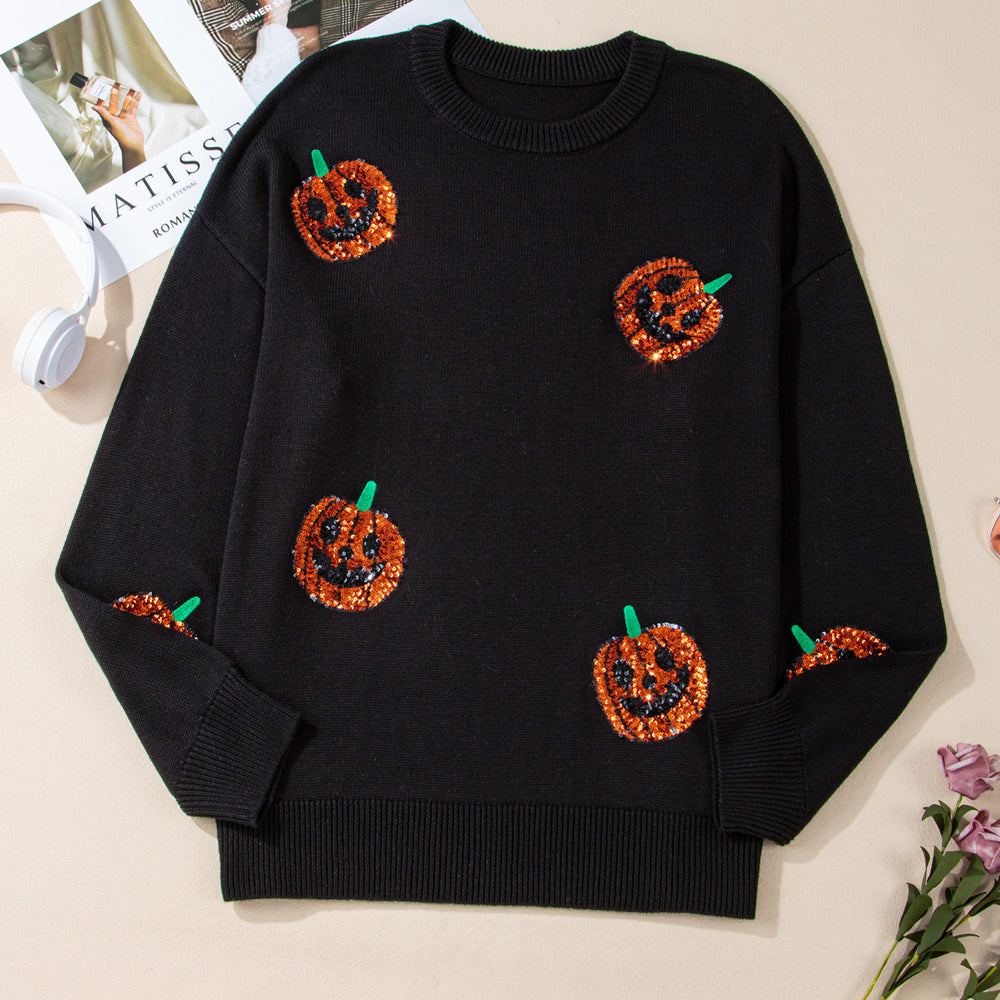 
                      
                        Black Plus Size Halloween Sequined Pumpkin Pattern Sweater
                      
                    