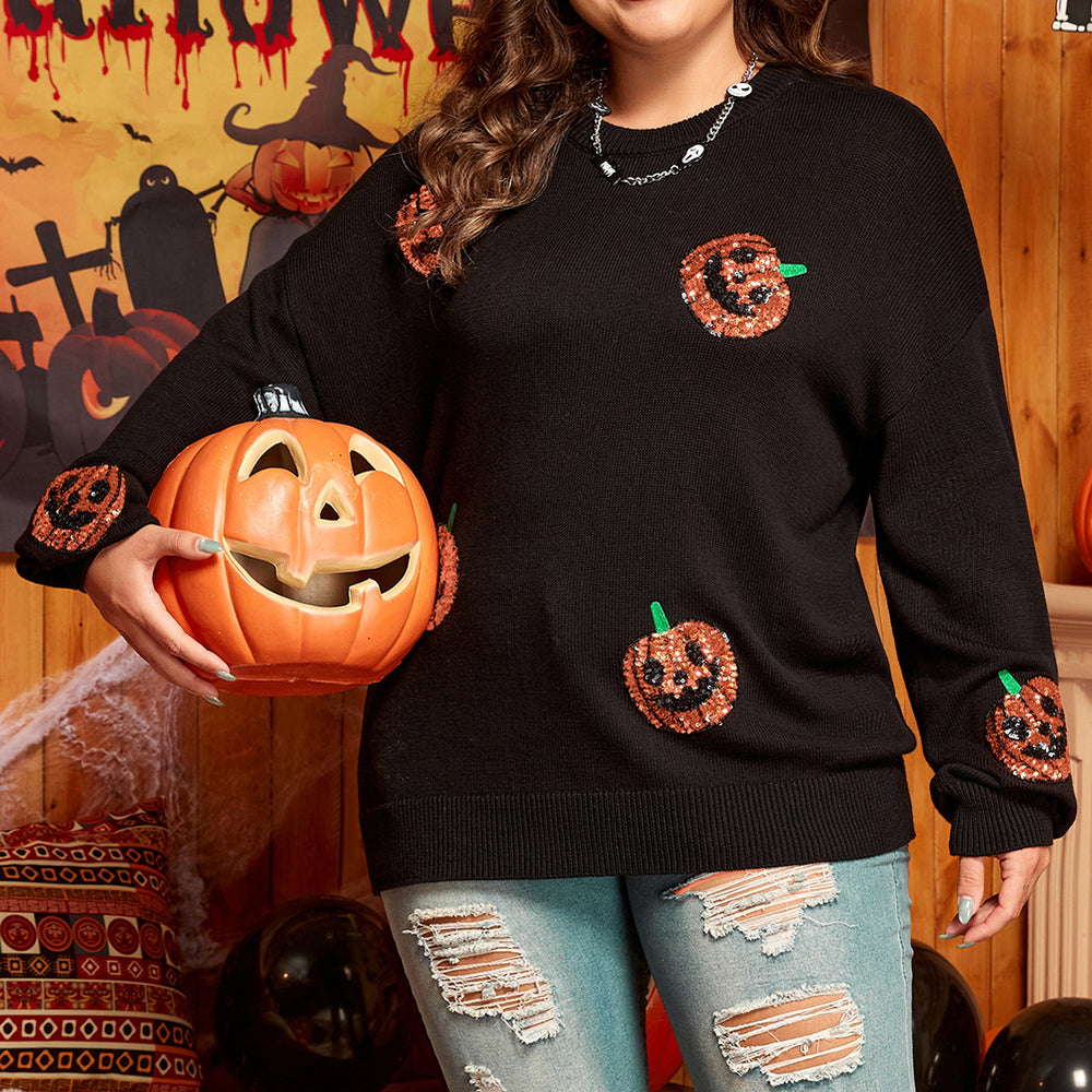 
                      
                        Black Plus Size Halloween Sequined Pumpkin Pattern Sweater
                      
                    