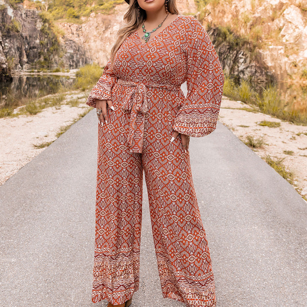 Printed V-Neck Plus Size Jumpsuit