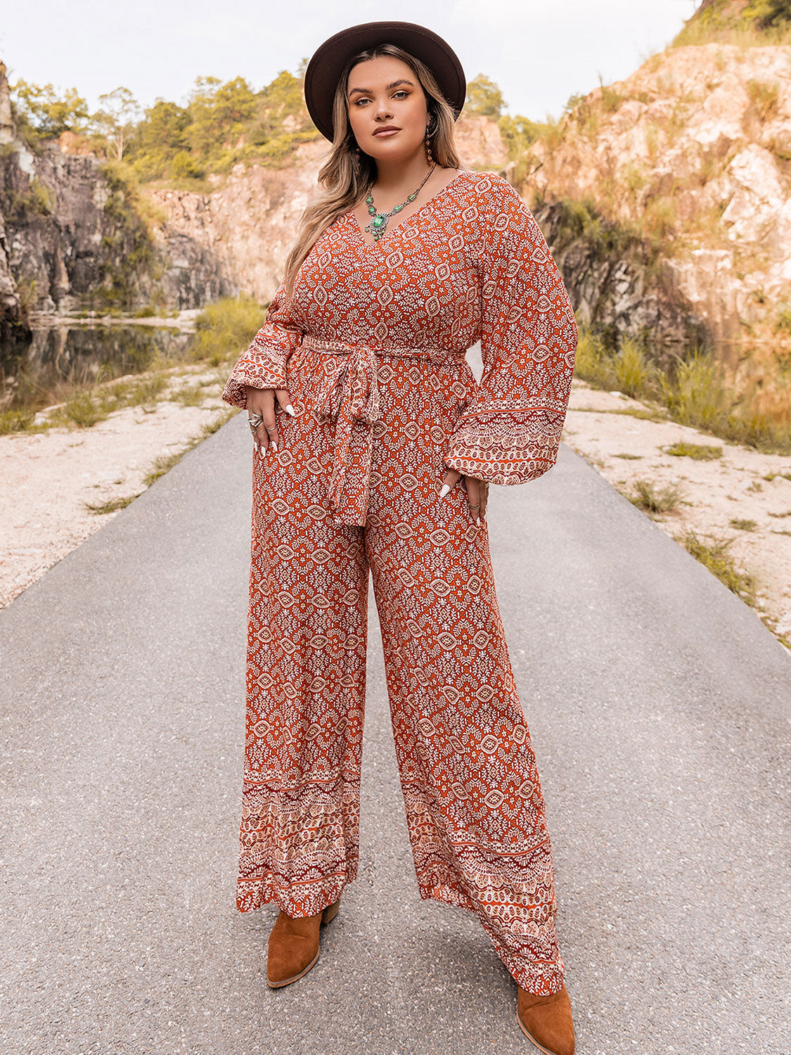 Printed V-Neck Plus Size Jumpsuit