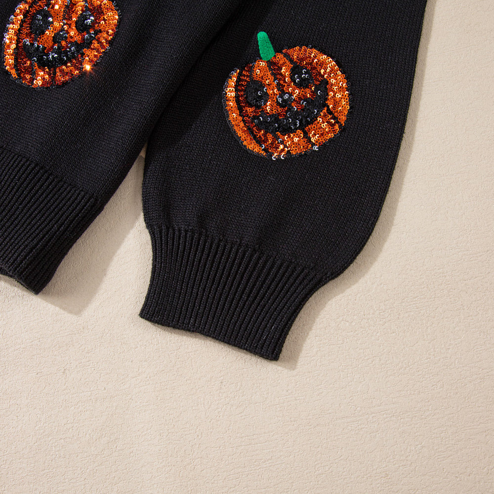 
                      
                        Black Plus Size Halloween Sequined Pumpkin Pattern Sweater
                      
                    