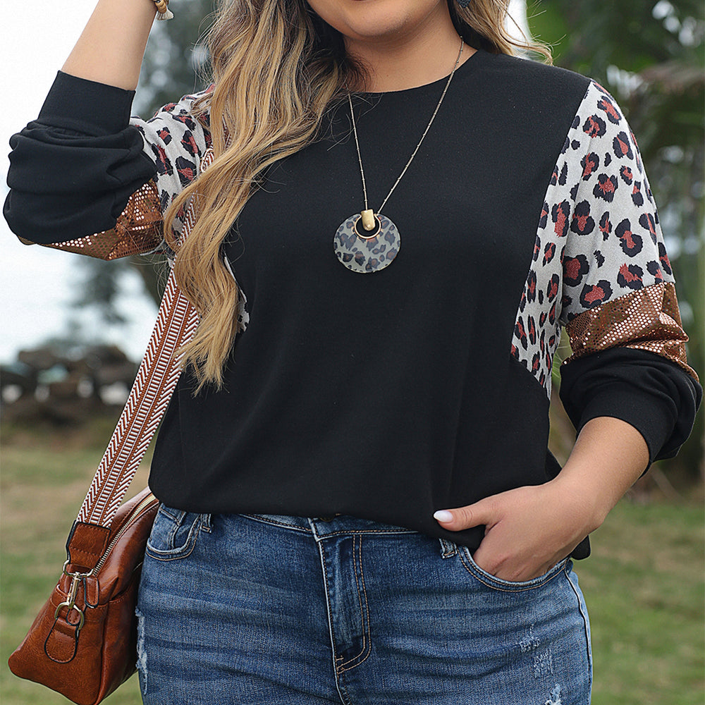 
                      
                        Black Leopard Sequin Patch Plus Size Long Sleeve Top
                      
                    