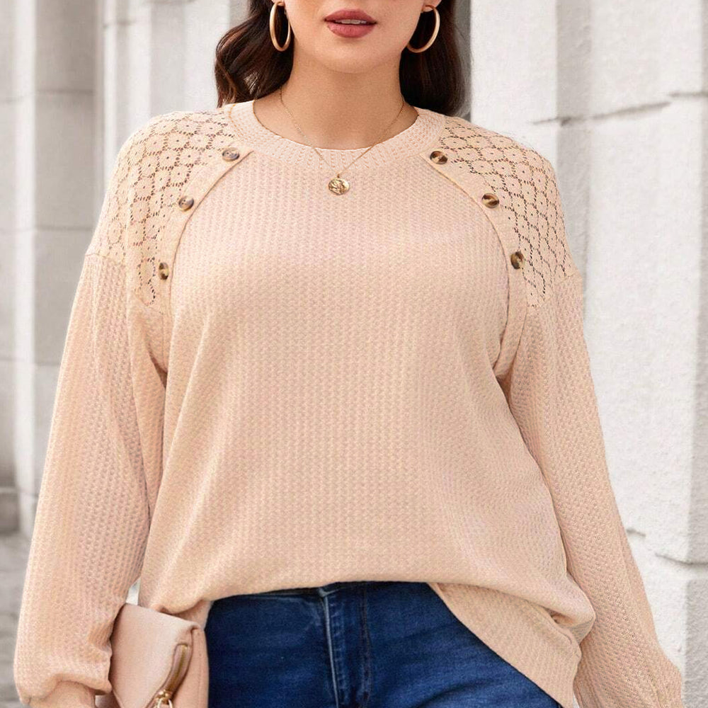 
                      
                        Beige Plus Size Lace Patchwork Waffle Knit Top
                      
                    