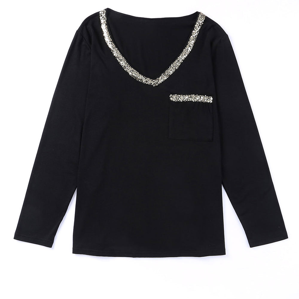 
                      
                        Black Long Sleeve Sequined V Neck Plus Size Top
                      
                    