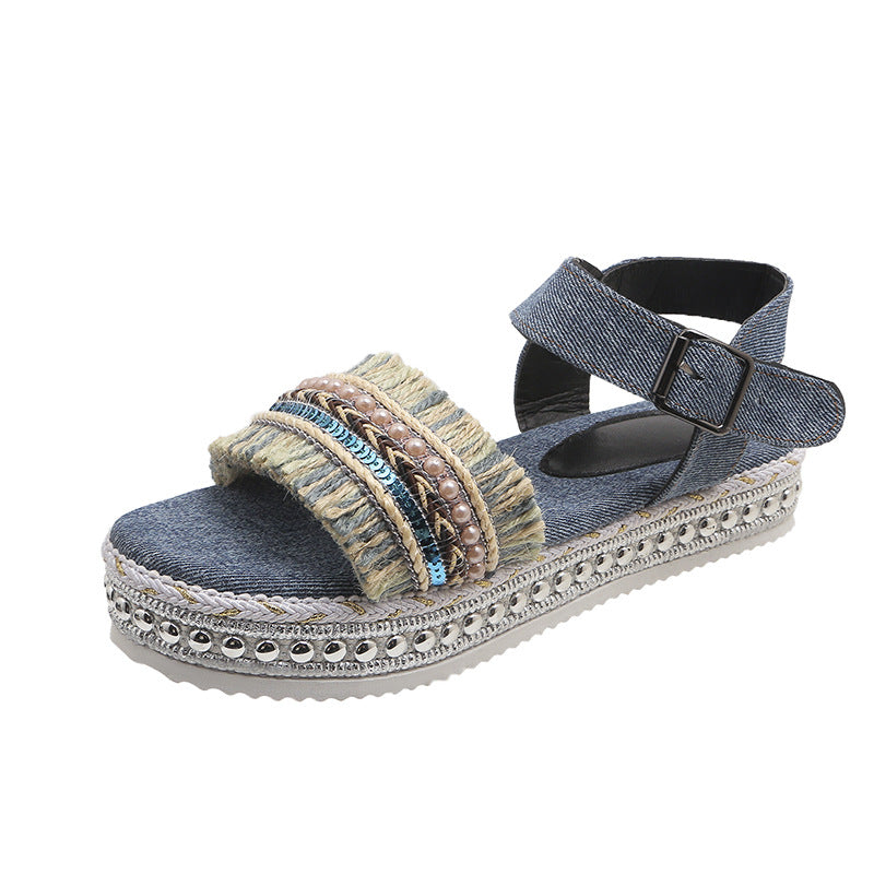 
                      
                        Fashion Tassel Denim Sandals with Thick-Soled Flat Heel New Summer Hemp Rope Sole Ethnic Style Shoes for Women
                      
                    