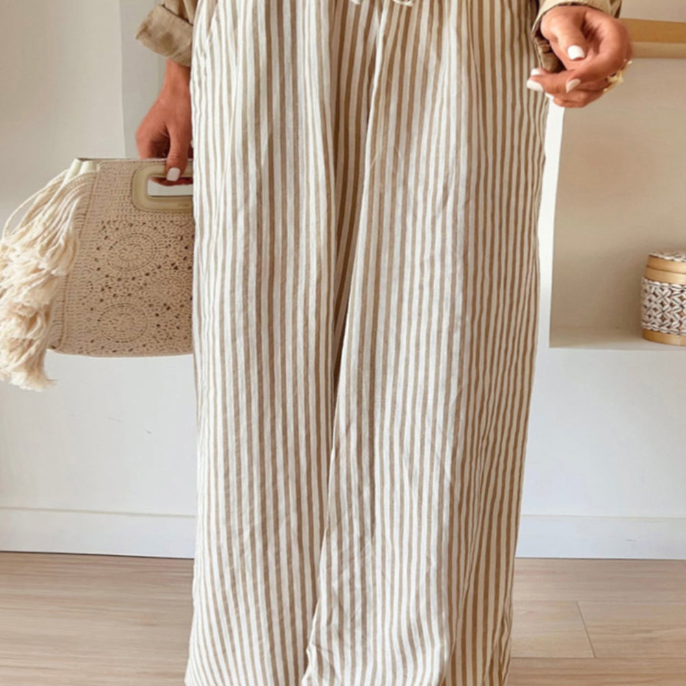 Khaki Stripe Plus Size High Waist Wide Leg Pants