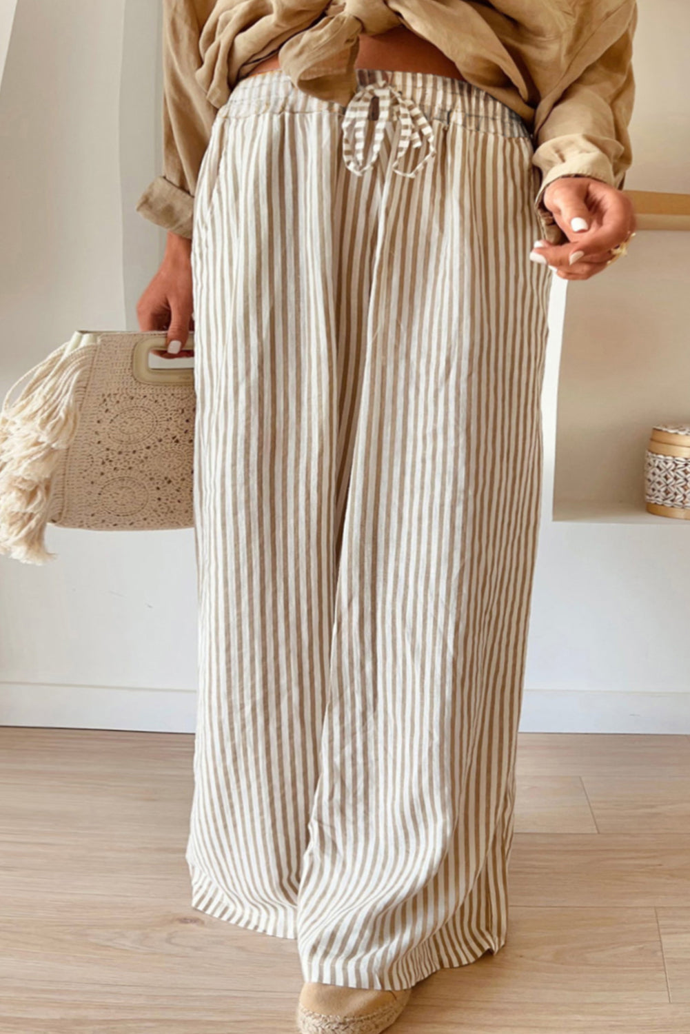 Khaki Stripe Plus Size High Waist Wide Leg Pants