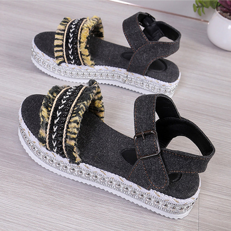 
                      
                        Fashion Tassel Denim Sandals with Thick-Soled Flat Heel New Summer Hemp Rope Sole Ethnic Style Shoes for Women
                      
                    