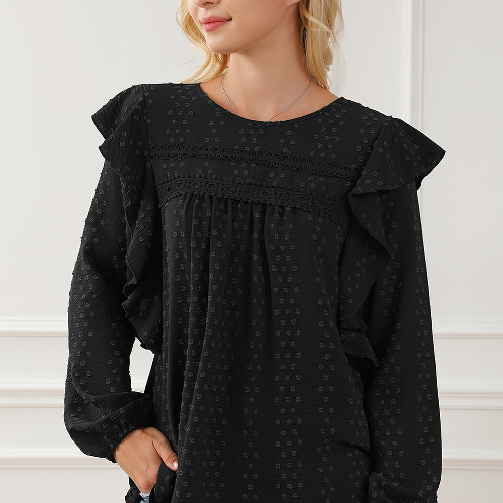 
                      
                        Black Lace Eyelet Ruffle Shoulder Long Sleeve Blouse
                      
                    