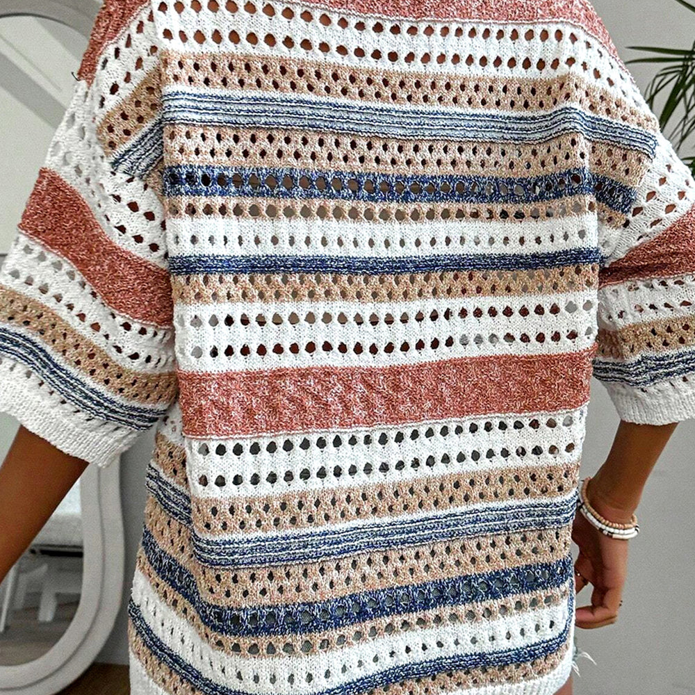 Multicolour Striped Half Sleeve Knit Sweater