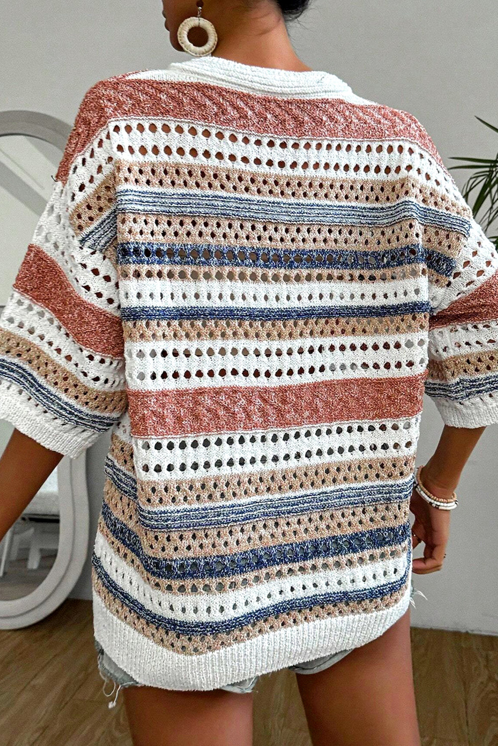 Multicolour Striped Half Sleeve Knit Sweater