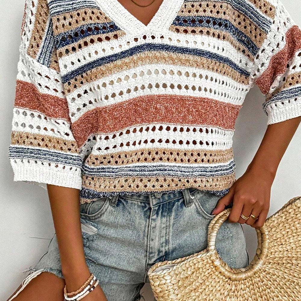 Multicolour Striped Half Sleeve Knit Sweater