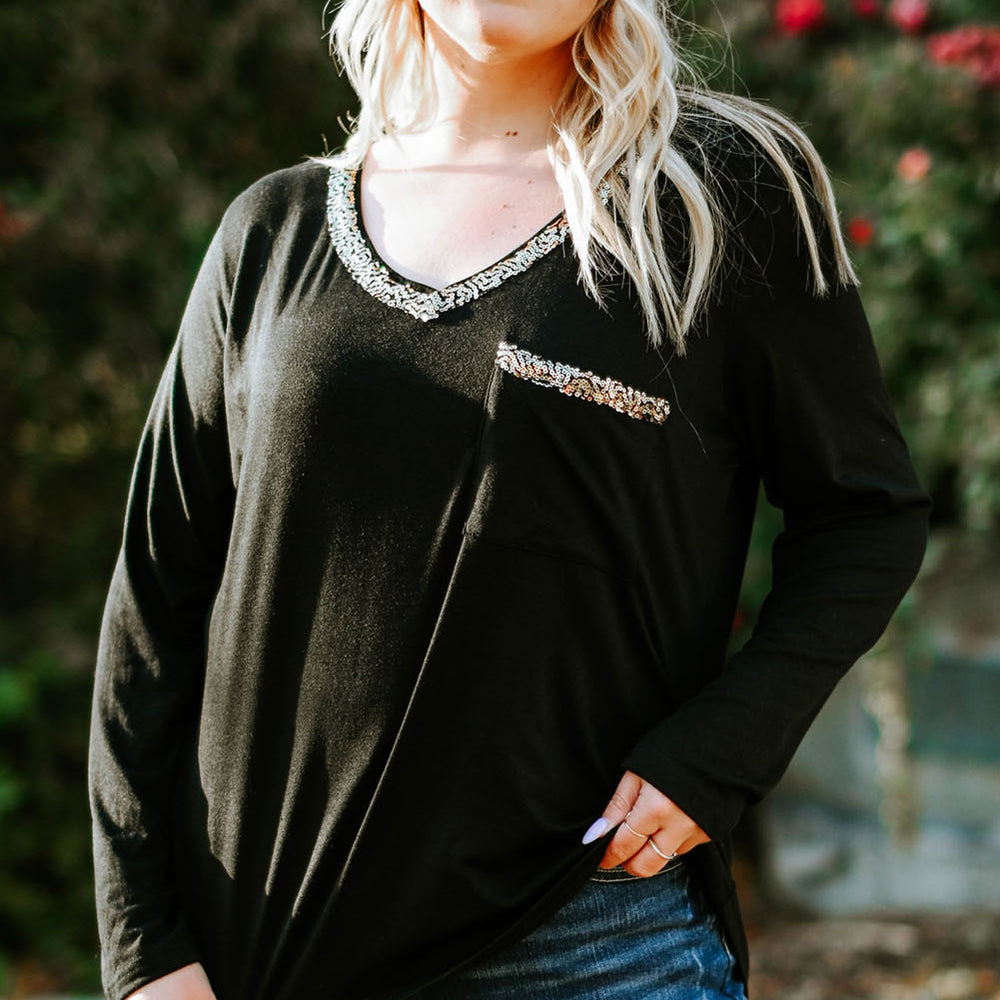 
                      
                        Black Long Sleeve Sequined V Neck Plus Size Top
                      
                    