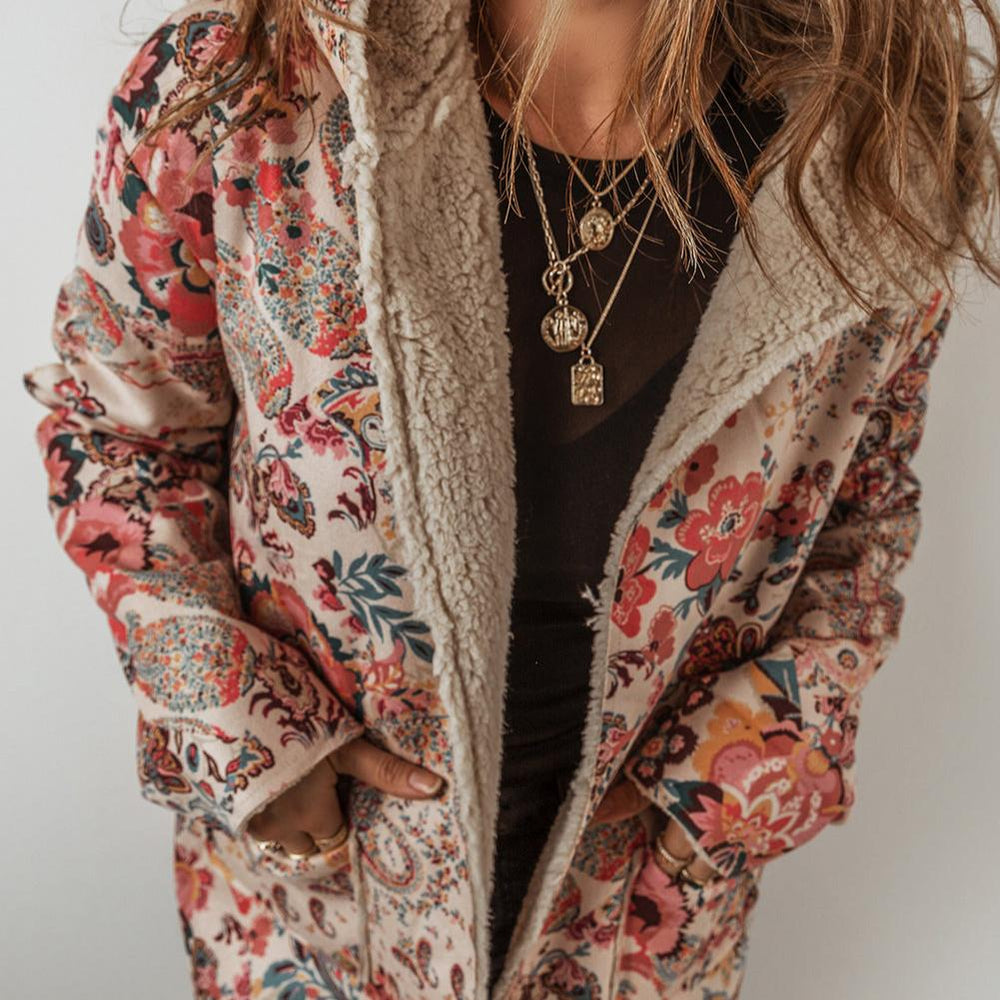 Beige Paisley Floral Sherpa Hooded Jacket