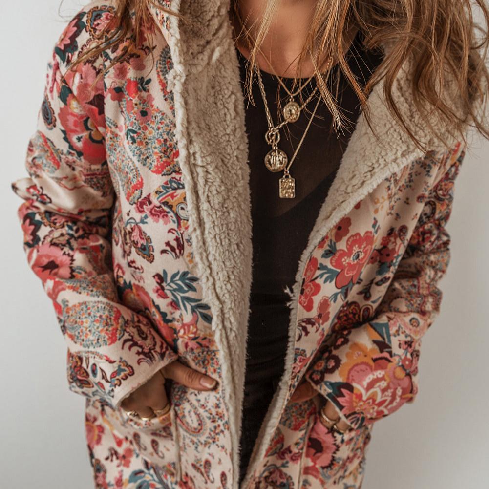 Beige Paisley Floral Sherpa Hooded Jacket