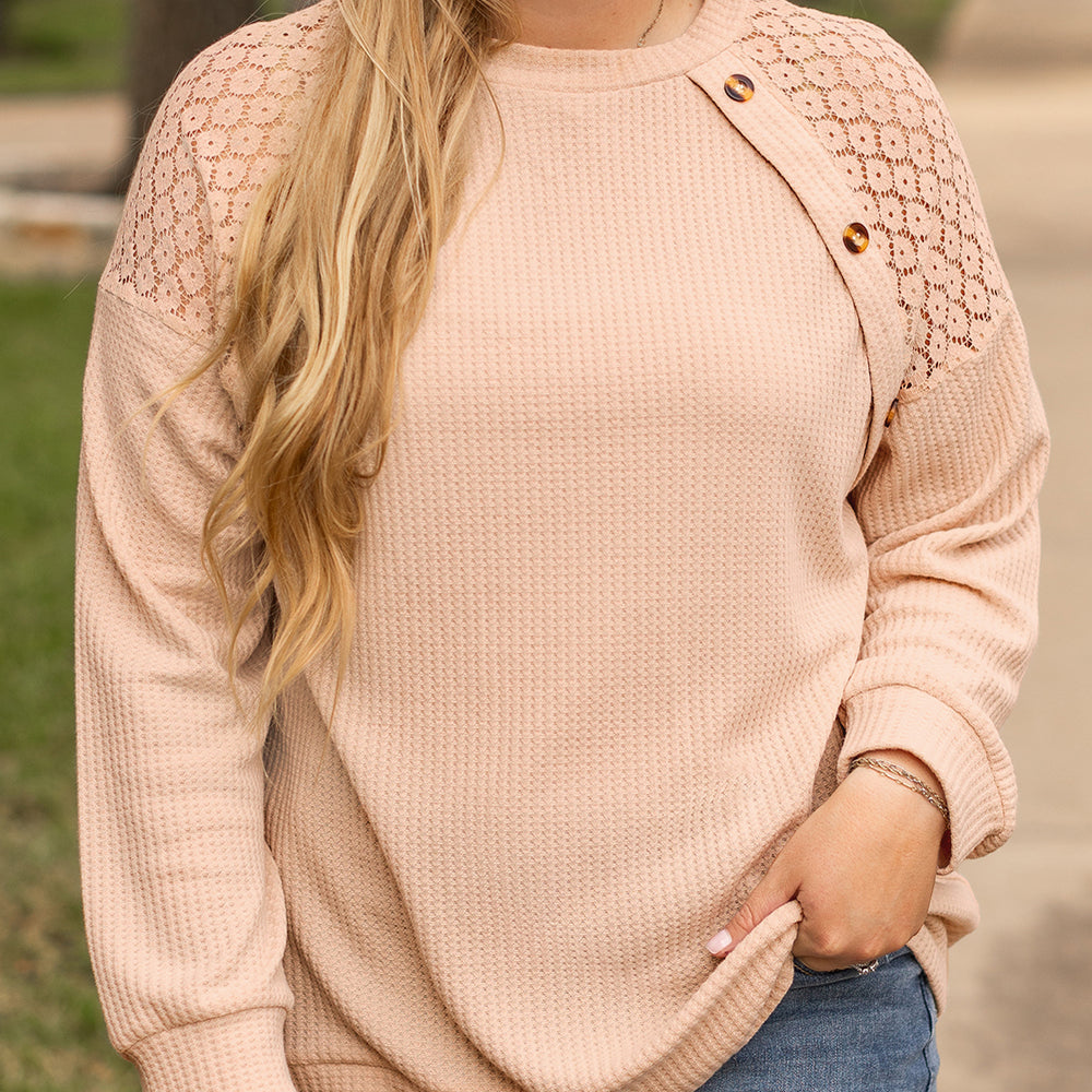 
                      
                        Beige Plus Size Lace Patchwork Waffle Knit Top
                      
                    