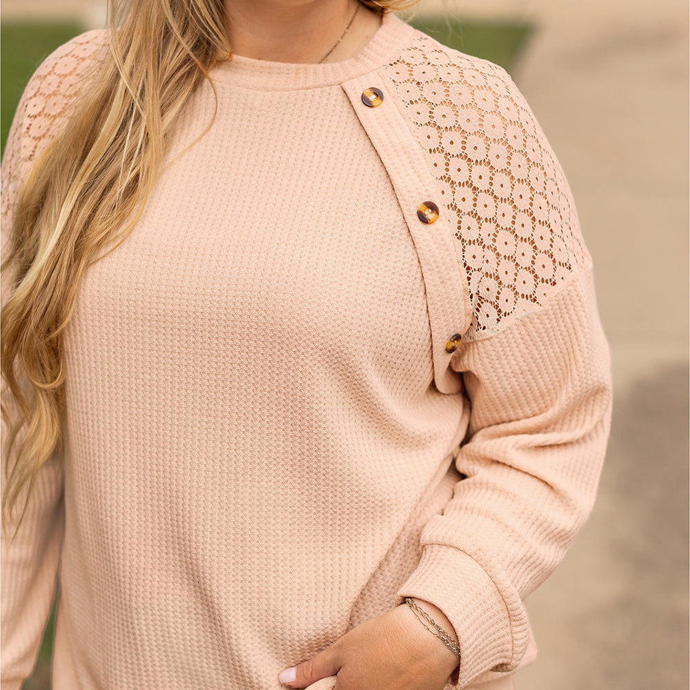 
                      
                        Beige Plus Size Lace Patchwork Waffle Knit Top
                      
                    