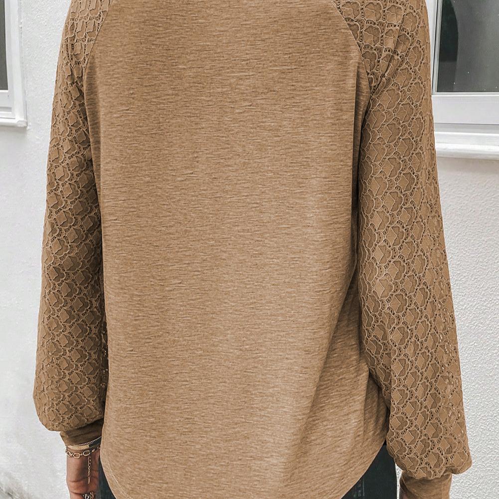 French Beige Contrast Lace Raglan Sleeve Top