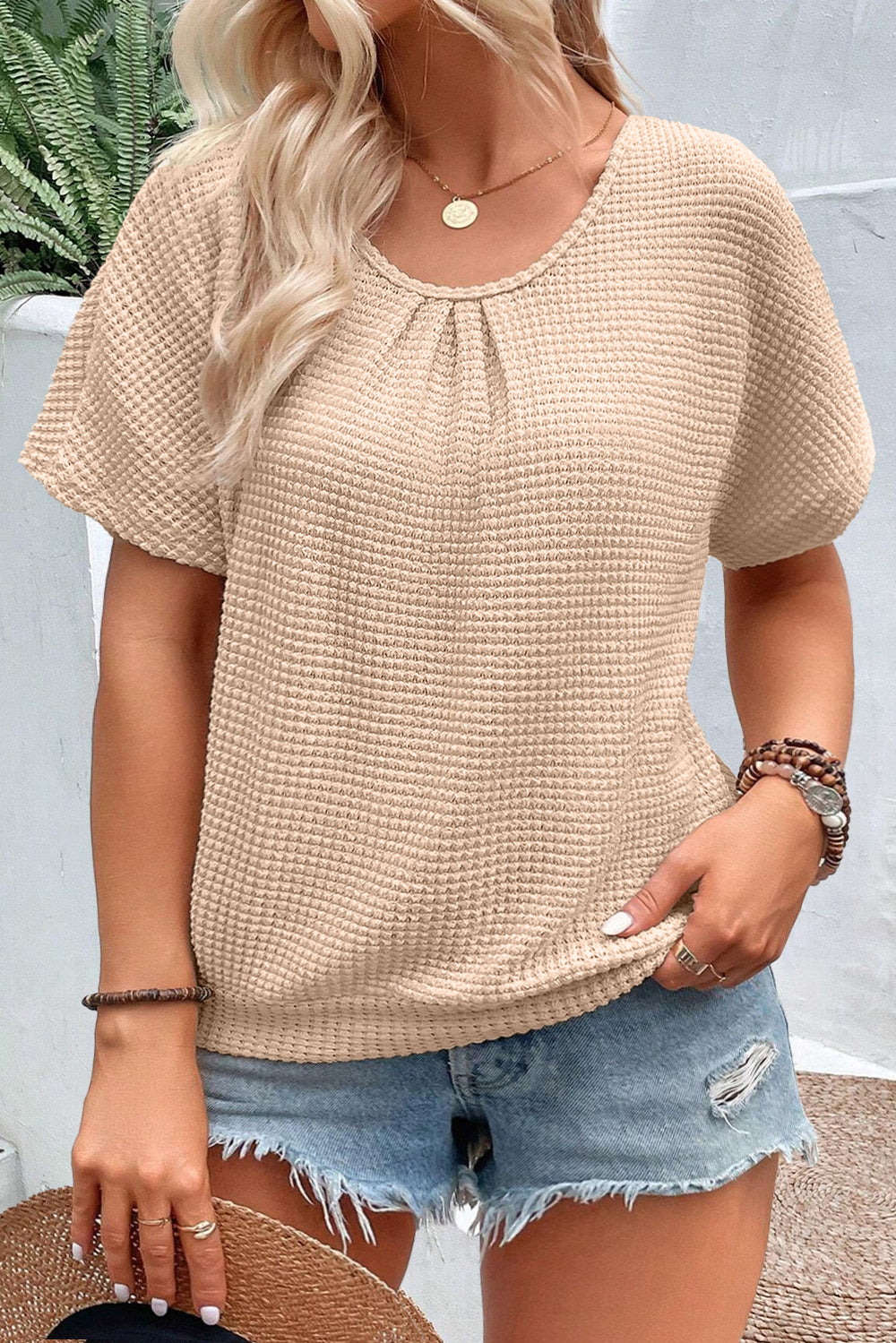 Beige Plus Size Tee with Guipure Lace Insert