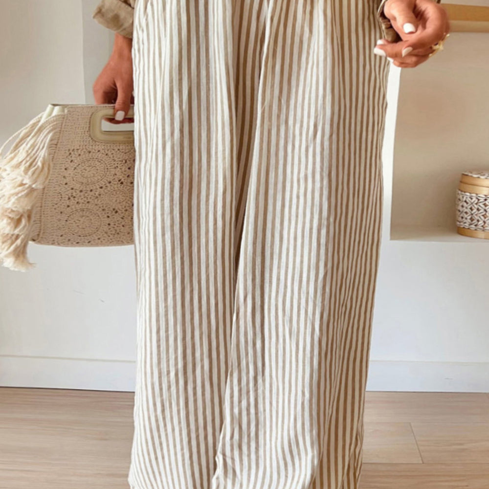 Plus Size Khaki Striped Wide Leg Pants