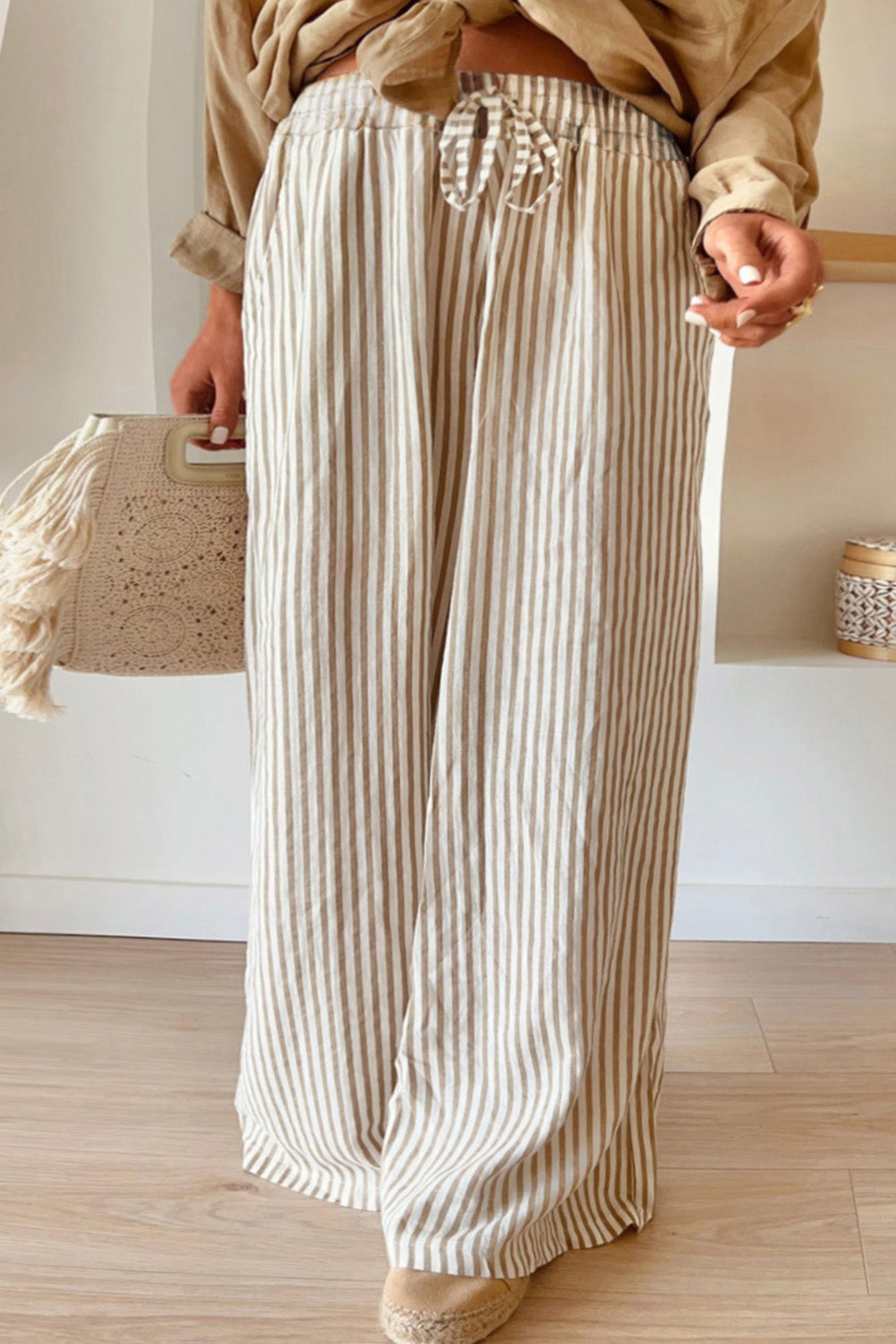 Plus Size Khaki Striped Wide Leg Pants