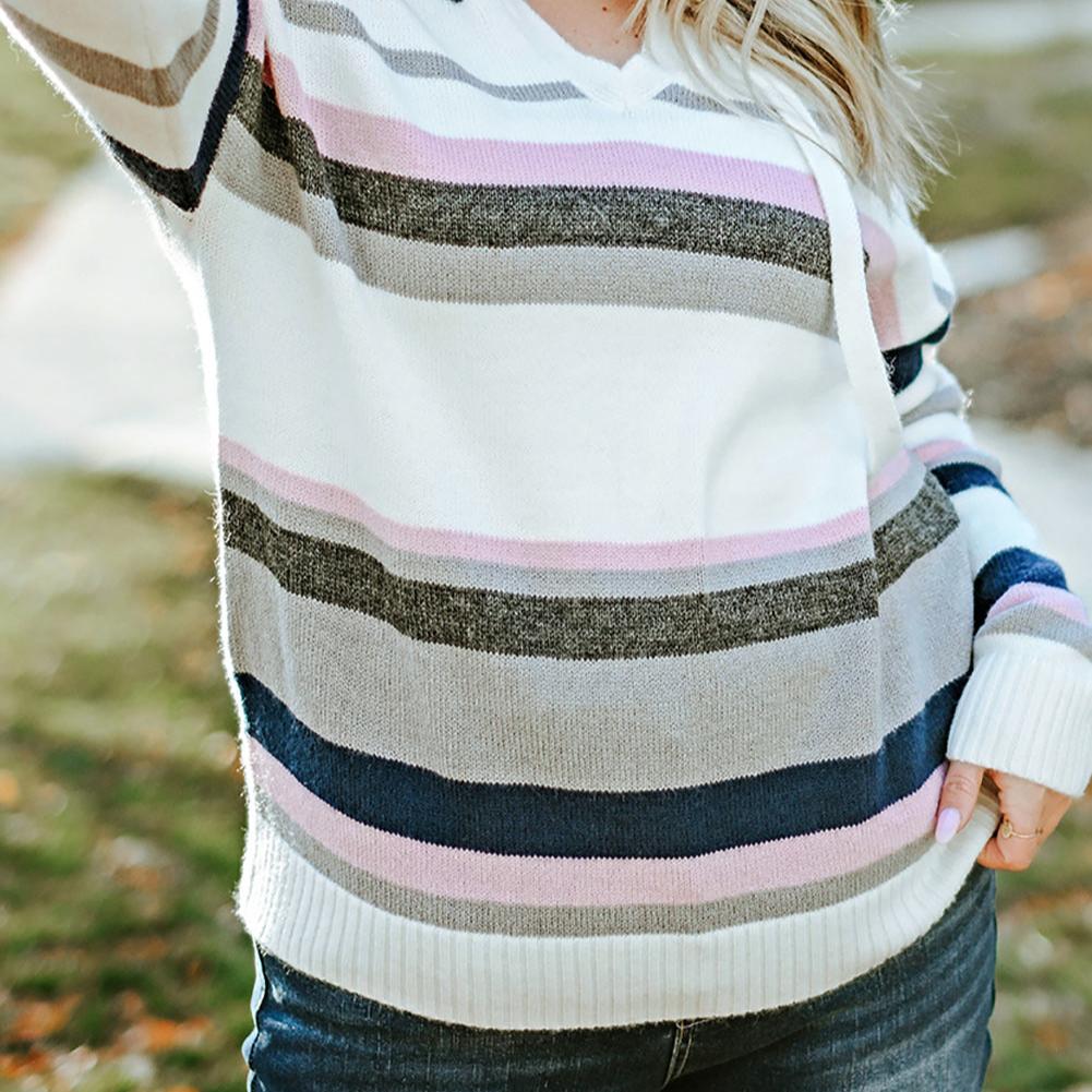 Plus Size Striped Hooded Knit Sweater