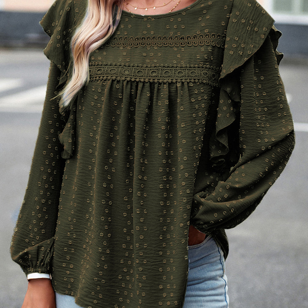 
                      
                        Black Lace Eyelet Ruffle Shoulder Long Sleeve Blouse
                      
                    