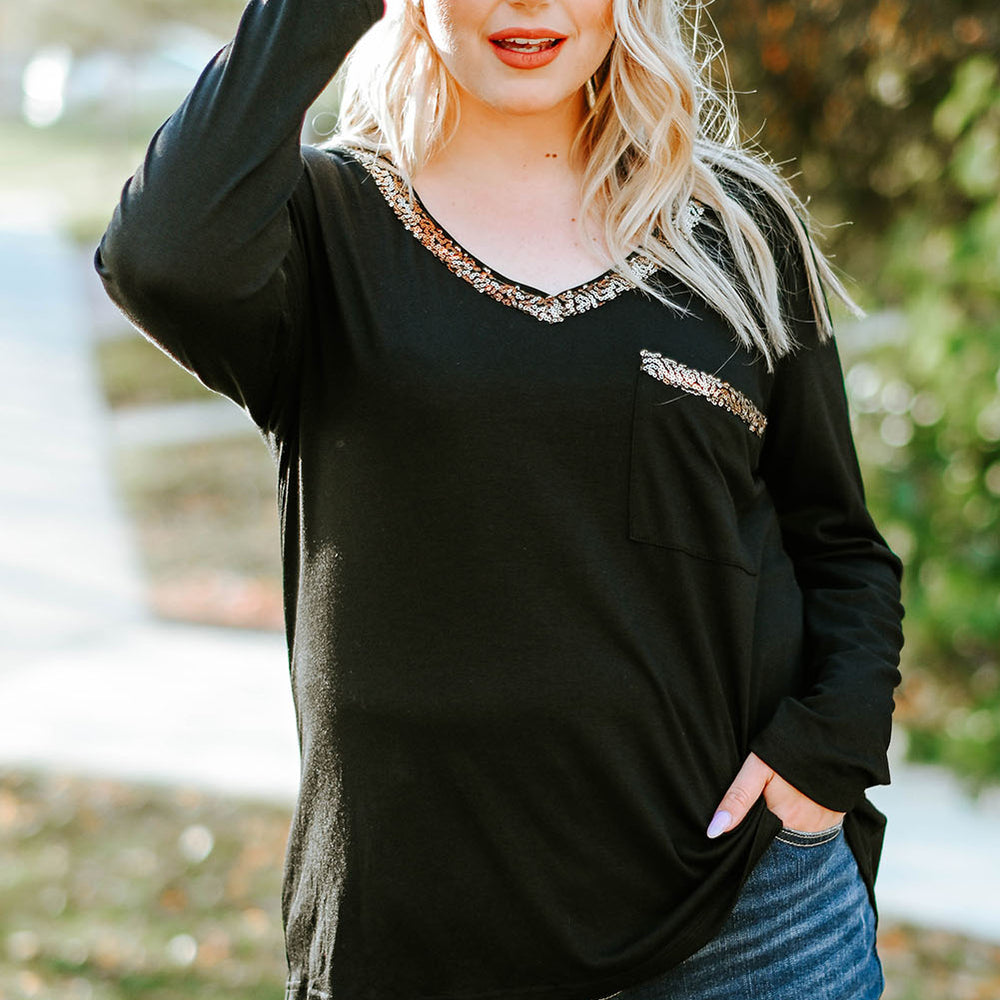 
                      
                        Black Long Sleeve Sequined V Neck Plus Size Top
                      
                    