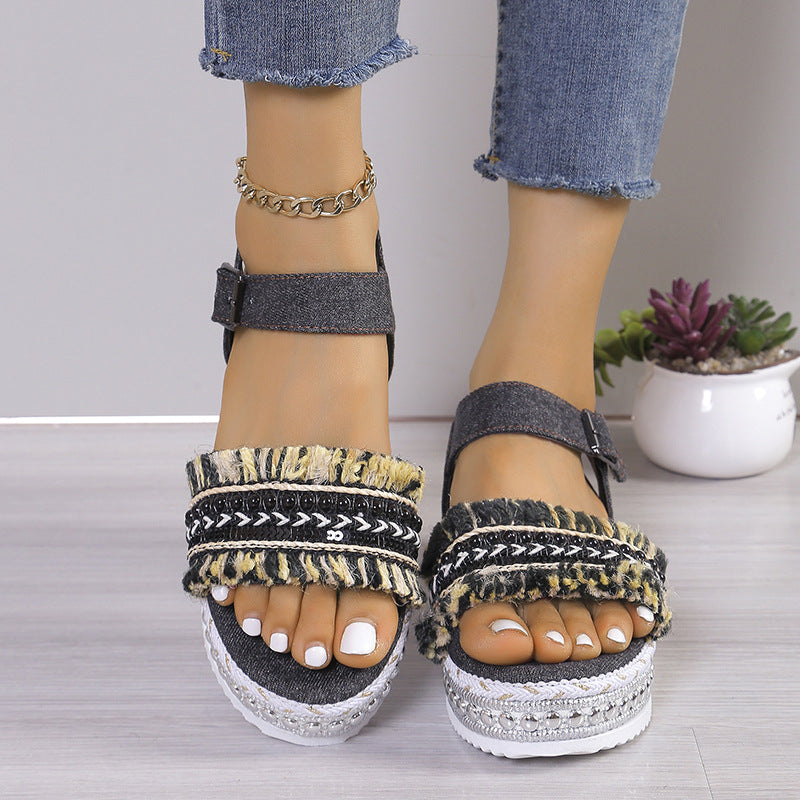 
                      
                        Fashion Tassel Denim Sandals with Thick-Soled Flat Heel New Summer Hemp Rope Sole Ethnic Style Shoes for Women
                      
                    