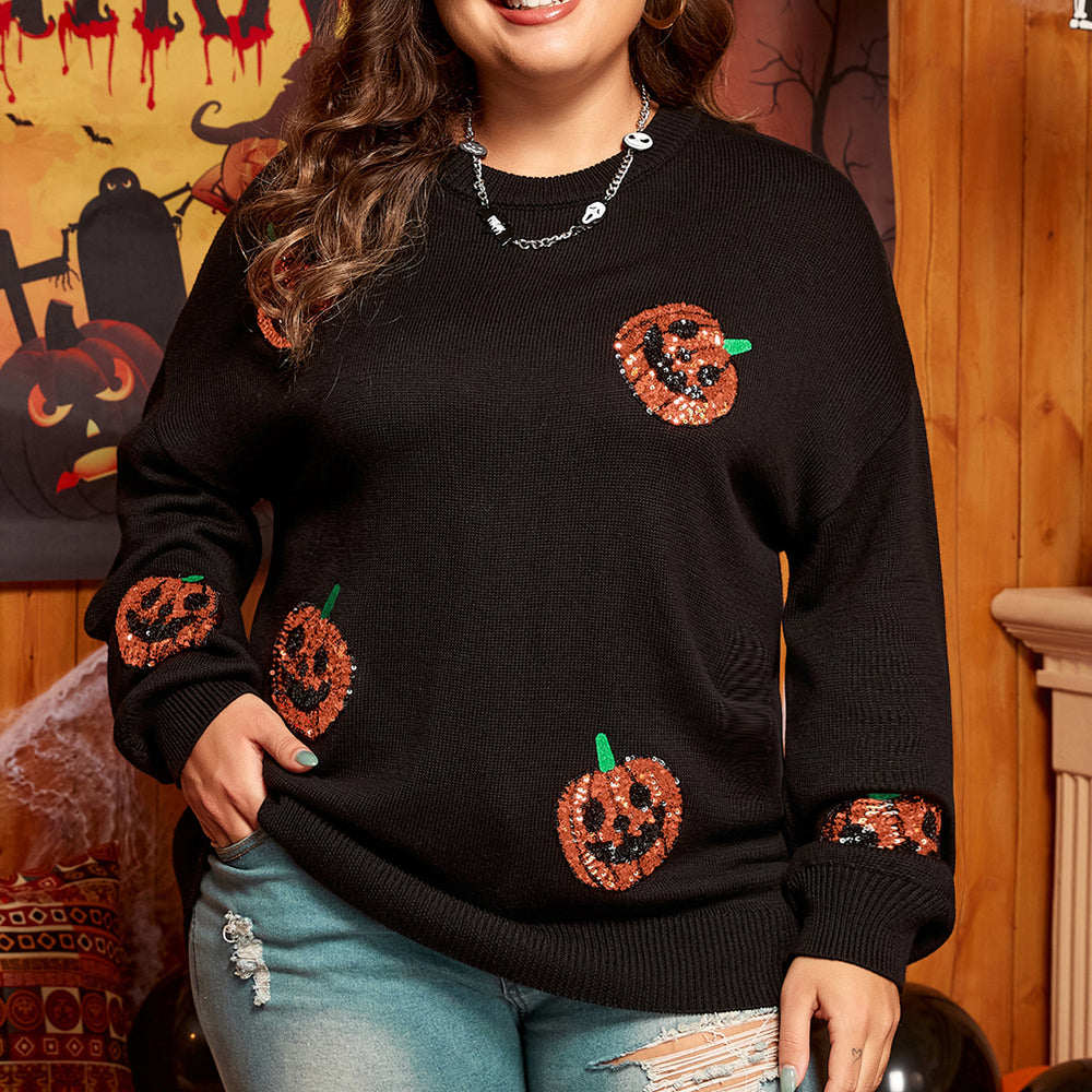 
                      
                        Black Plus Size Halloween Sequined Pumpkin Pattern Sweater
                      
                    