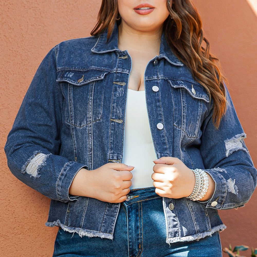 Dark Blue Plus Size Distressed Denim Jacket