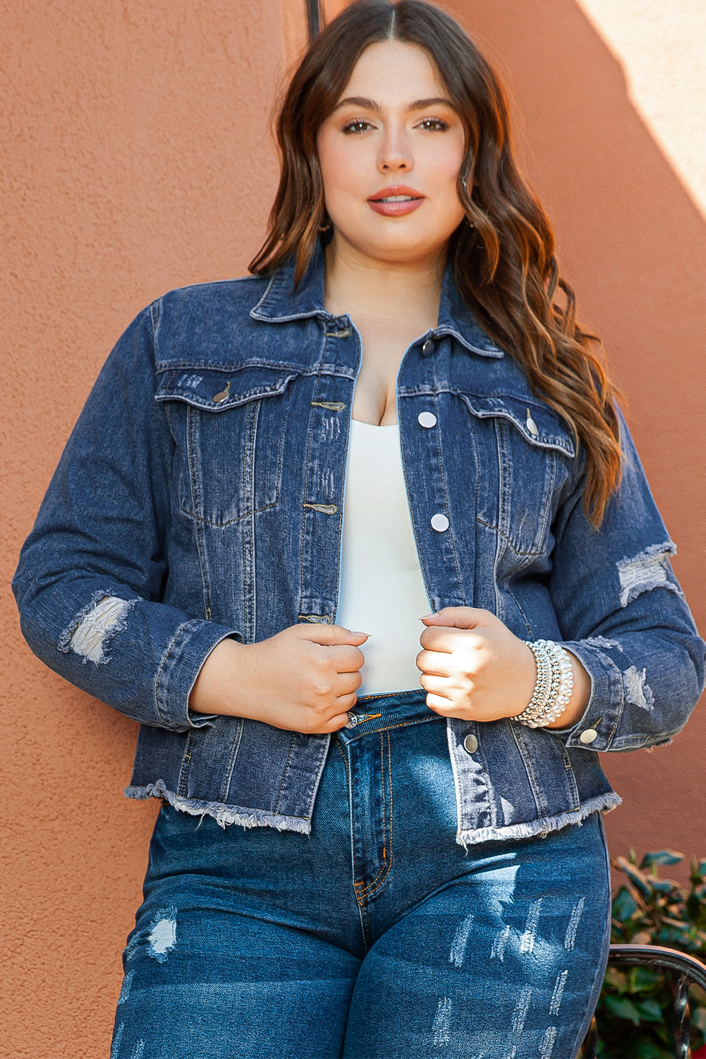 Dark Blue Plus Size Distressed Denim Jacket