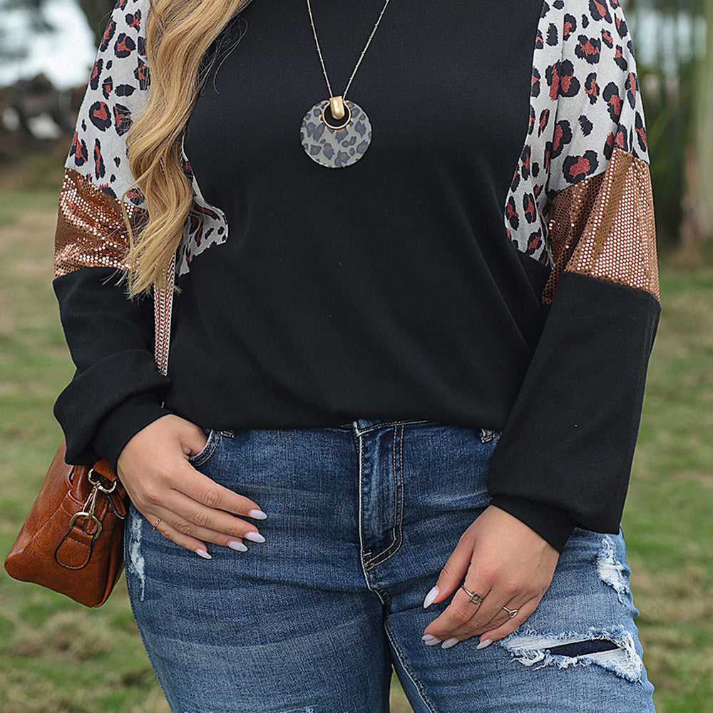 
                      
                        Black Leopard Sequin Patch Plus Size Long Sleeve Top
                      
                    