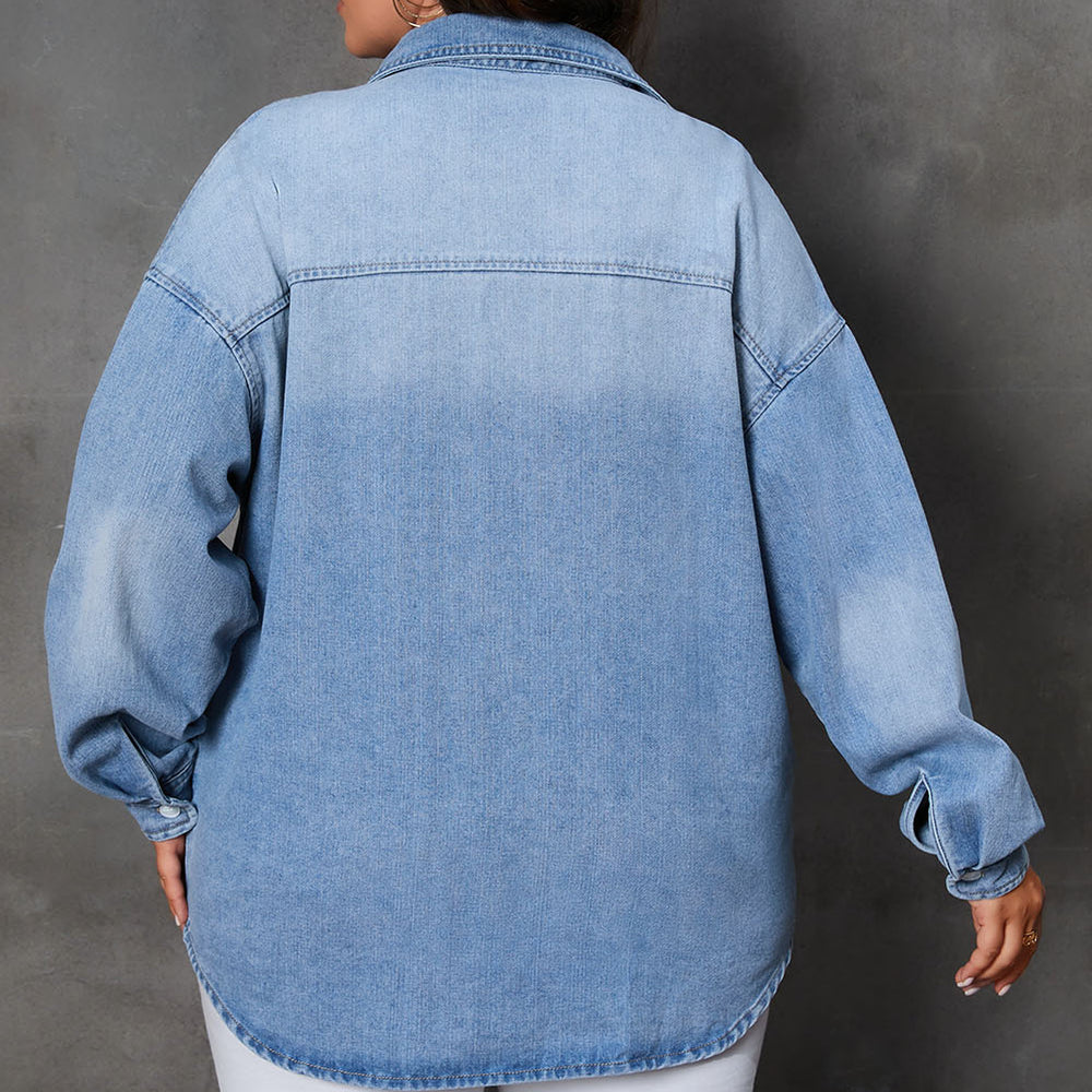 Plus Size Button Up Pocketed Denim Top