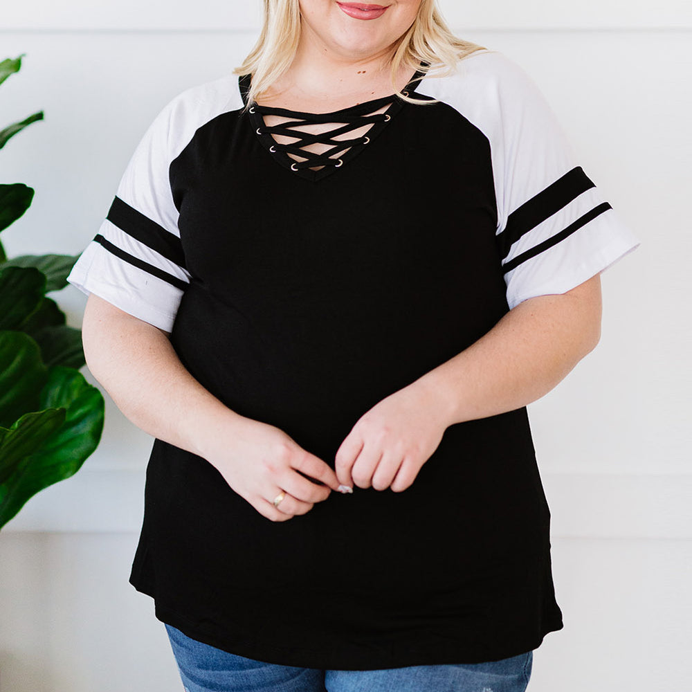 
                      
                        Black Crisscross V Neck Raglan Sleeve Plus Size Tee - Stylish & Comfo
                      
                    