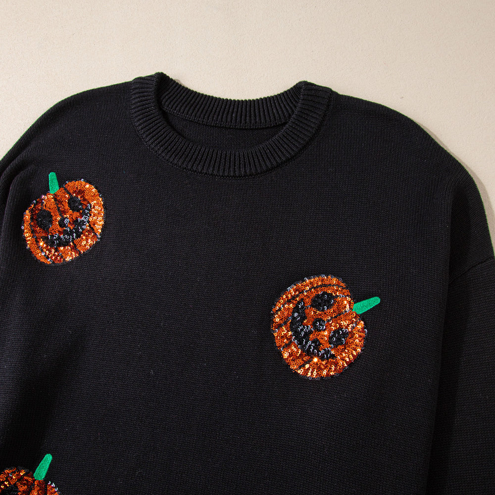 
                      
                        Black Plus Size Halloween Sequined Pumpkin Pattern Sweater
                      
                    